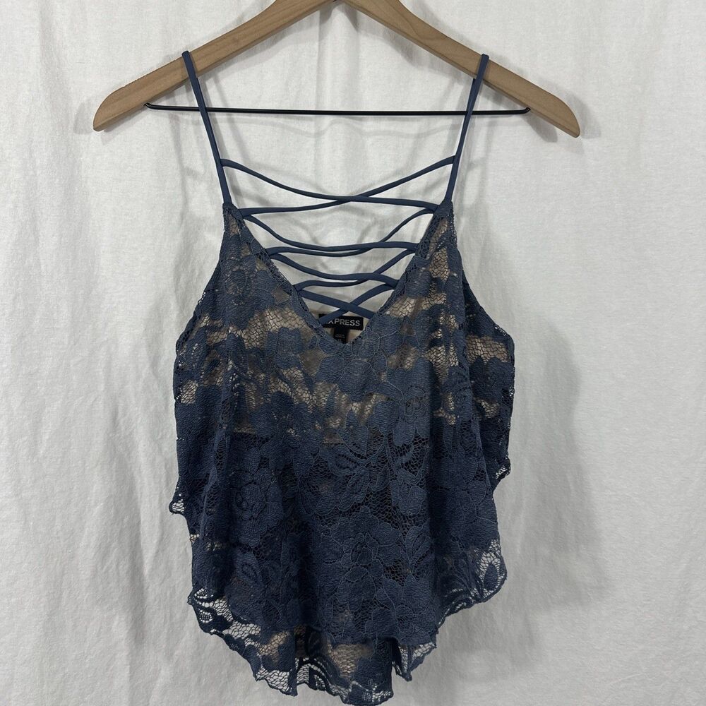 Express Blue Lace Asymmetric Y2K Feminine Sheer Boho Top Womens Sz XS Romantic